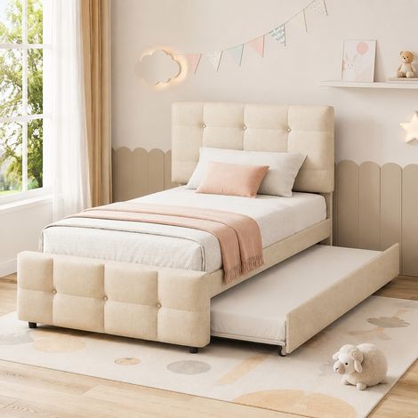 CHICFURN Letto bimbi 90x200 beige con letto estraibile, testiera regolabile, senza materasso (1/5)