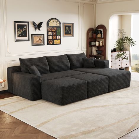 Zusammenklappbares Schlafsofa, kein Aufbau erforderlich, 3-Sitzer in schwarzem Cord, gerade Chaiselongue, mit 2 Hockern, 35D-Schaumstoff, 241 x 151 x 58 cm