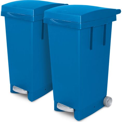 BRB Set, 2x 80 Liter Abfallbehälter mit Rollen, Fußpedal, selbstschließender Deckel, Klemmring für Müllsäcke (blau)
