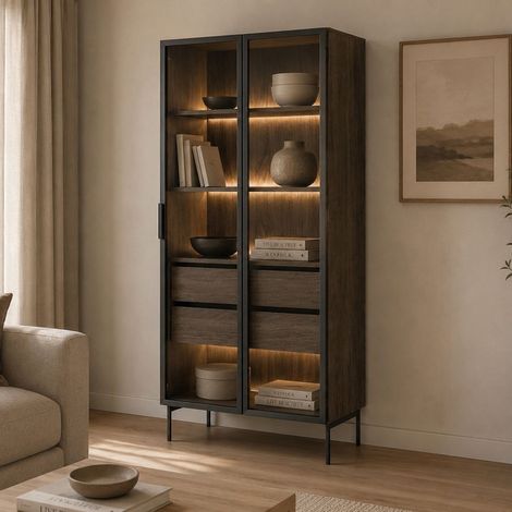 Vetrina Lafafasa, Mobile Espositore 4 Ripiani, 2 Cassetti, 2 Ante, 92x39x195h cm Marrone Noce (1/5)