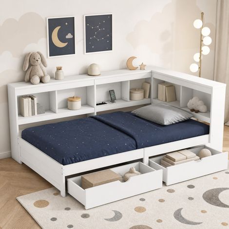 Cama 90x200 cm blanca con almacenaje, ahorro de espacio, sin colchón – MEUBLIV (1/5)