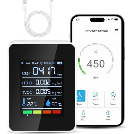 Détecteur de CO2 portable à piles, mesure du dioxyde de carbone (HCHO), des COVT, de la température et de l'humidité, et moniteur de qualité de l'air 5 en 1. (1/5)