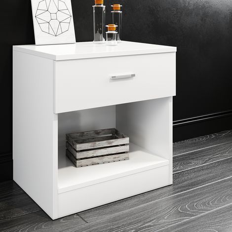 ELEGANT Bedside Cabinet White High Gloss Nightstand Table Storage Shelf with Bin Drawer for Bedroom Livingroom and Home Storage Organizer (1/5)