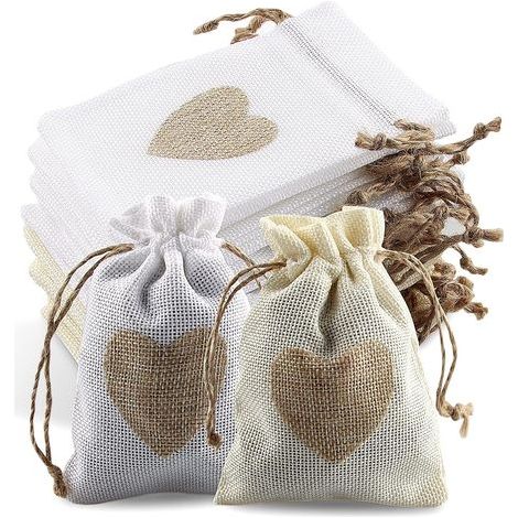 24Pcs Sachets en Toile de Jute Pochettes avec Cordon et Motif de Coeur, Sac Cadeau de Bonbons, Jute Pochette Baptême Sac, Mariage Lumières pour Bonbons Adeaux Cadeau Sac pour Farce Bijoux Sac (1/5)