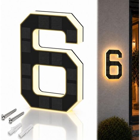 JSSEVN - Numero de Maison Solaire Illuminé pour Extérieur étanche, Plaque de Numéro de Maison Illuminée Solaire, Numéro de Maison Lumineux Noir (6, 23 cm) (1/5)