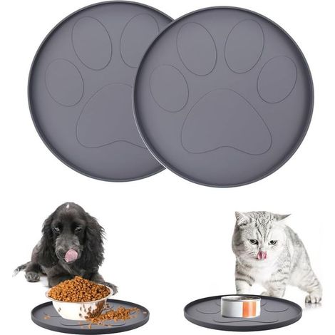 2 Pcs Tapis Gamelle Chien, Tapis d’Alimentation pour Chat en Silicone, Tapis de Gamelle Ronde de 28 cm, Petit Tapis pour Gamelle Chat et Chien (Gris) (1/5)