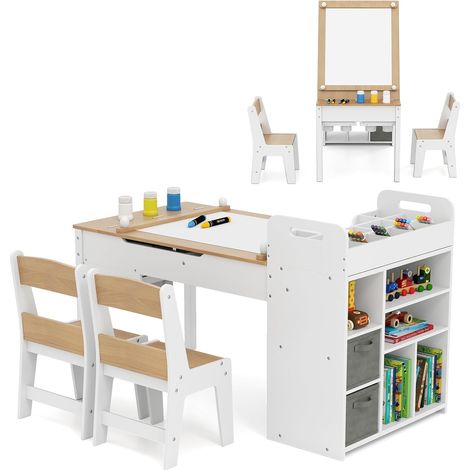 COSTWAY Bureau Enfants en Bois avec 2 Chaises & Plateau Rabattable, Table Enfant avec Étagères Ouvertes & Rouleau de Papier, Table à Dessin pour Jouer Dessiner Manger, Charge 50/165kg (Naturel) (1/5)