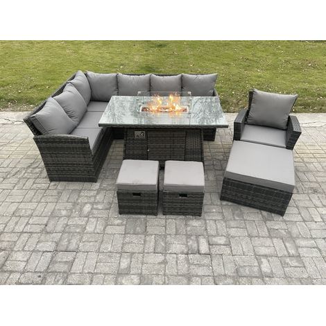 Fimous 10 Seater Outdoor Rattan Garden Furniture Set Corner Sofa Gas Fire Pit Dining Table Sets Gas Heater with 3 Footstools Armchair Dark Grey Mixed