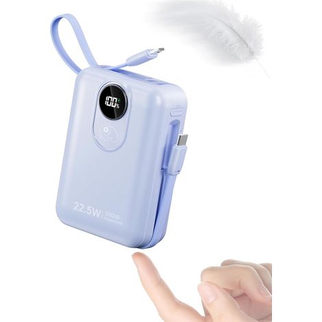 Power Bank 20000mAh avec câble intégré : Batterie externe de recharge rapide 22,5W pour téléphone portable, pack de batterie USB C (entrée et sortie), powerbank avec 4 sorties et 2 entrées - Bleu (1/5)