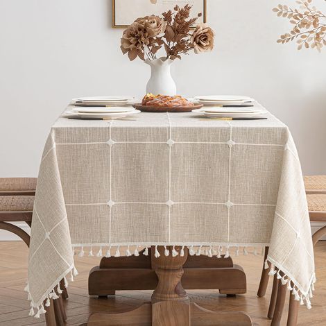 Nappe aspect lin kaki à carreaux 140x100cm avec franges