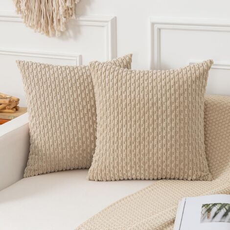 Housses de coussin décoratives en velours côtelé doux, lot de 2, style bohème, à rayures, pour canapé, lit, salon, 45,7 x 45,7 cm, beige