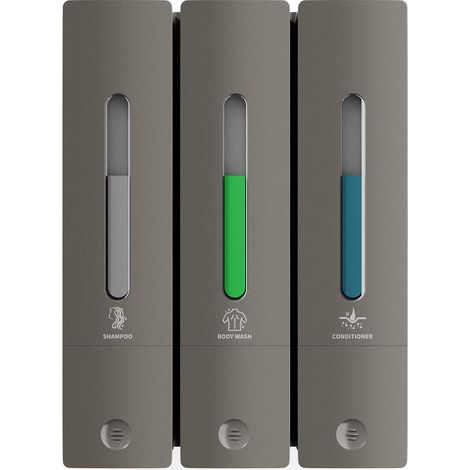 Distributeur de shampooing et d'après-shampoing mural sans perçage pour douche, distributeur de gel douche pour salle de bain et hôtel (3 chambres, gris) (1/5)