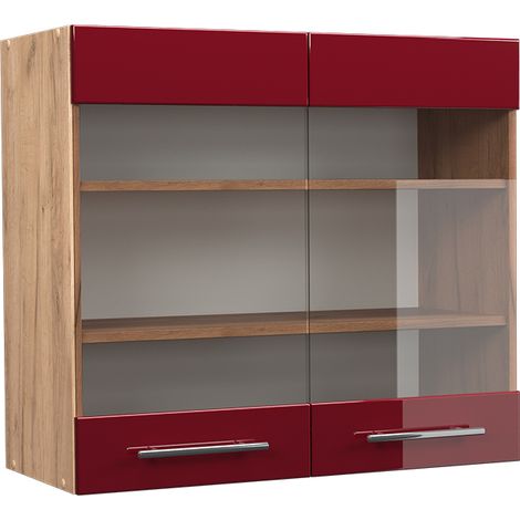 Armario de cocina con vidrio Fame-Line, Rojo Burdeos alto brillo, 80 cm, Vicco