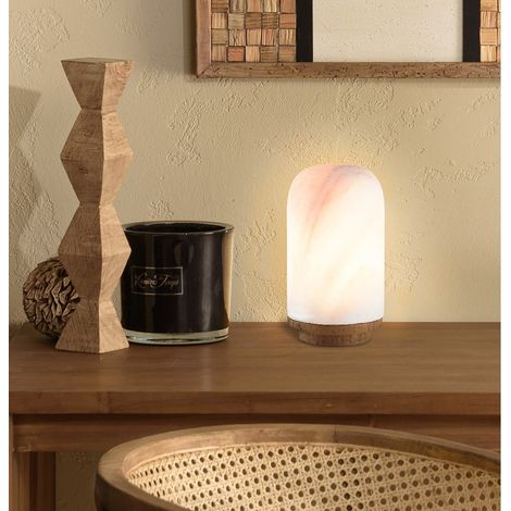 SIXTINE - Lampe à poser pierre naturelle d'onyx et bois teck recyclé (1/5)