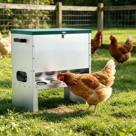 Distributeur volailles acier galvanisé 6 trous couvercle verrouillable résistant intempéries poules canards (1/5)