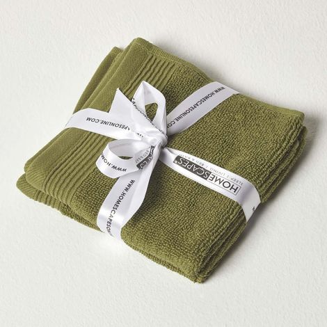 HOMESCAPES Premium Seiftuch 2er-Set olivgrün 30x30cm, ägyptische Baumwolle 700g/m²