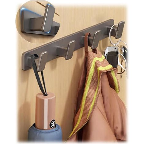 Patères en aluminium, patères murales gris-noir, crochets de porte, crochets de porte auto-adhésifs, robustes, en acier inoxydable, barres porte-manteaux (couleur : gris, taille : 4 crochets)