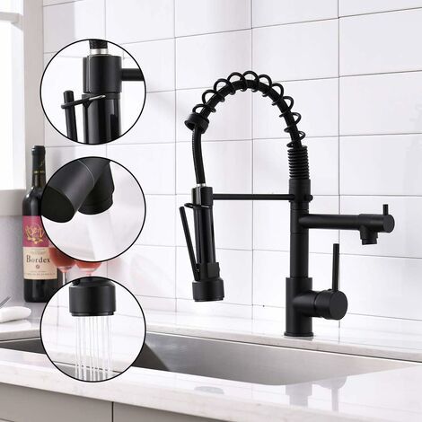 Robinet cuisine noir avec douchette extractible 2 fonctions, bec pivotant 360°, mitigeur évier design, kit robinetterie évier extractible noir