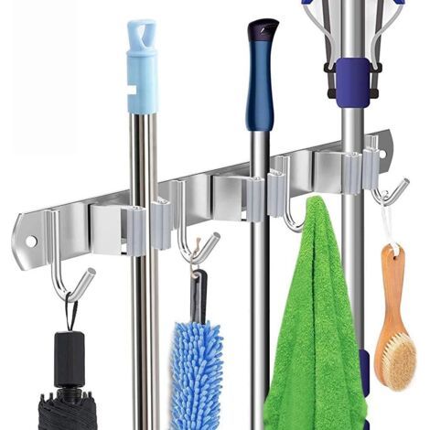 Porte Balai Mural, support mural en acier inoxydable Organisateur vadrouille de rangement monté sur placard à balai Cintre à outils robuste avec 3 Clips et 4 crochets pour garage de cuisine. (1/5)