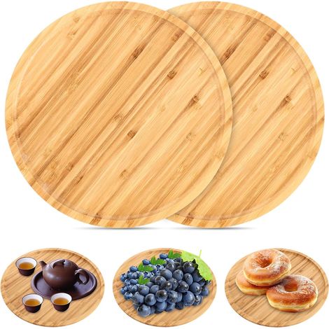 2 Pcs Plateau de Service en Bambou, Plateau Bois Rond 30 cm, Plateaux Repas en Bois pour Fruits, Aliments, Pots, Plantes, Café, Pain (1/5)
