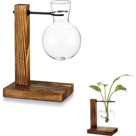 Vase transparent avec support en bois, vase en verre transparent pour bureau, idéal comme décoration intérieure. (1/4)