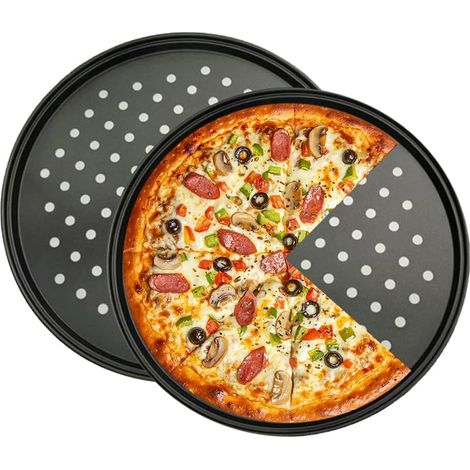 4 Teglie rotonde per pizza - Teglie per pizza da forno - Rotonde - Rivestimento antiaderente - Grigio perforato (1/5)