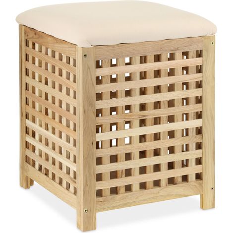 Cesto portabiancheria con seduta imbottita bagno 80 x 40 x 40 cm in legno di noce crema 130011067