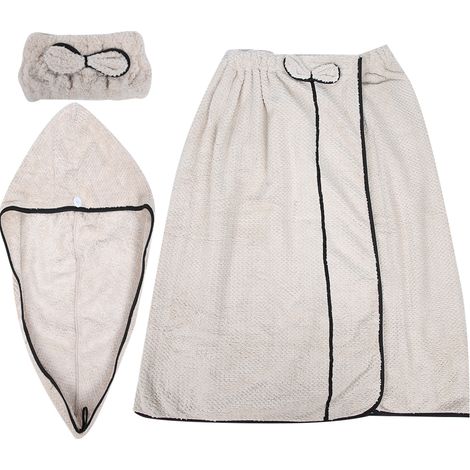Bath Wrap Set - 3-Piece Towel Bathrobe Hair Drying Cap Light Grey (1/5)