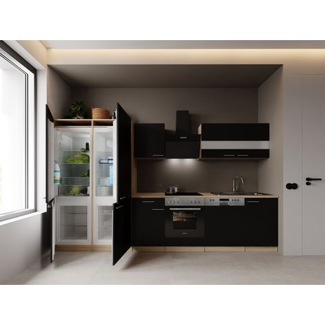 Einbauküche Küchenzeile Eiche Schwarz Merle 340 cm French Door Optik Respekta
