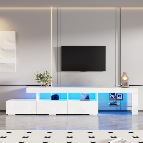 Meuble TV 180 cm blanc avec LED, façade brillante et structure mate, 3 tiroirs, étagères en verre, 7 rangements, style moderne (1/5)