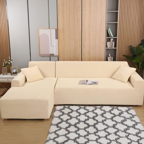 L-shaped corner sofa cover in thick, plush velvet, very stretchy, non-slip, with 2 pillowcases (beige) (1/5)