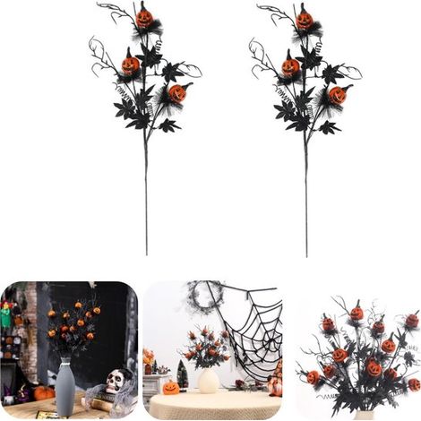 Bouquets de fleurs artificielles Halloween lot de 2 - tiges décoratives citrouille sans entretien, noir, 47 cm (1/5)