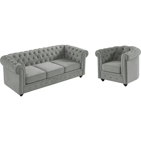 Vente-Unique – Canapé 3 places Chesterfield – Velours gris clair – Assise déhoussable – Confort équilibré – Charge maximale 360 kg (1/5)