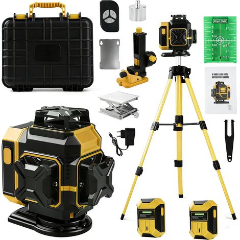 Niveau Laser avec Trepied 360° x 4, 4D 16 Lignes Laser Chantier Autonivelant, avec batterie 2x3600 mAh, Support Rotatif et trépied télescopique, Indice IP54 Pour Bâtiment, Carrelage (1/5)