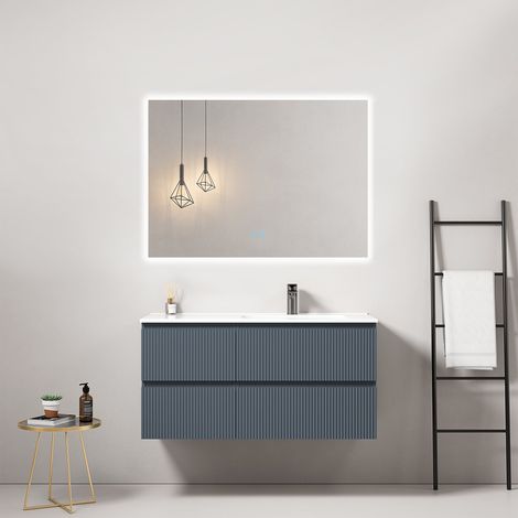 Mobile bagno sospeso cannettato 100 cm Blu Mare Lavabo a Destra in Ceramica Specchio Quadro Retroilluminato - Fiji Paint (1/4)