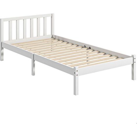 Cadre de lit - SOGEU - 208 x 96 cm - Bois massif - Sommier à lattes inclus - Tête de lit blanche (1/5)