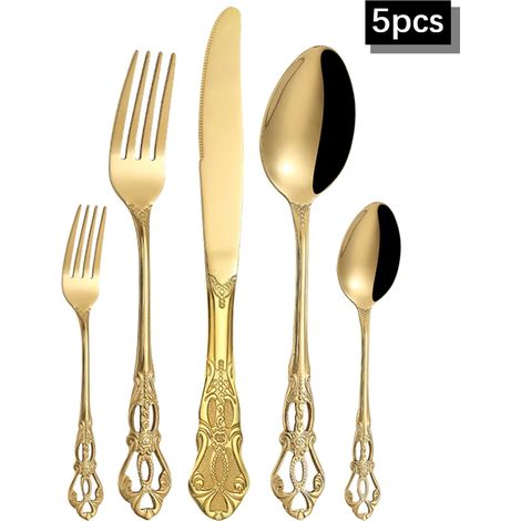 (5 pièces) Service de table haut de gamme en acier inoxydable Huangting : couteau à steak, fourchette, cuillère et cuillère à dessert de style occidental. (1/5)