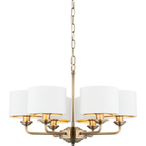 Endon Highclere Lampada da soffitto a sospensione con paralume multiplo, lastra in ottone anticato, tessuto bianco vintage (1/5)