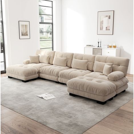 Divano modulare 4 posti marrone chiaro in chenille con pouf mobili e configurazione U o angolare (1/5)