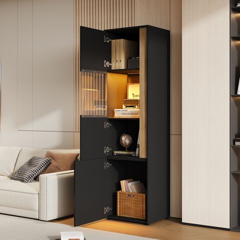DESMIU Vitrine haute 2 portes LED réglable avec porte en acrylique, pour salon et bureau, en panneau de particules et acrylique, noir et naturel, 50 × 40 × 179 cm (1/4)
