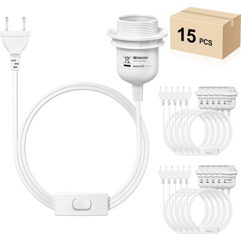 Lot de 15 douilles E27 avec interrupteur et prise, douille E27 noire avec câble de 3,5 m, anneau à visser - Pour cuisine, salon et chambre d'enfant - Blanc (1/5)