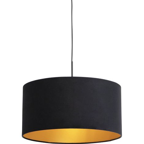 QAZQA Pendant Light with Velvet Shade Black with Gold 50 cm -