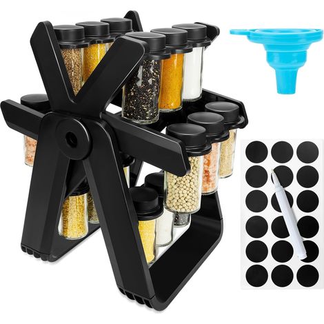 Ensemble de présentoir à repas rotatif Ferris - équipé de 18 supports à repas en verre - entonnoir avec étiquettes amusantes - organisateur de vaisselle - convient aux plans de travail et aux placards