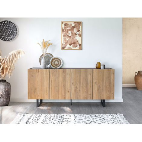 Bobochic – Buffet 4 portes 180 cm – Effet chêne et marbre noir – Style moderne – Nombreux rangements – Panneaux de particules et métal (1/5)