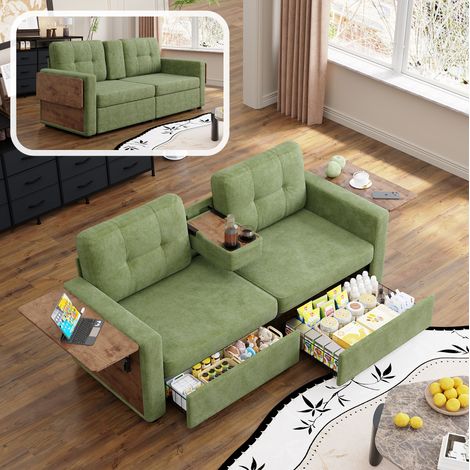 Sofá de 2 plazas 178x71x57,5 cm en chenilla verde con mesas abatibles - MEUBLIV (1/5)