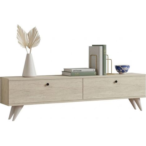 Mobile Porta tv Atestino, 2 Vani, 2 Ante, Apertura a Ribalta, 160x25x40h cm Beige Marmo