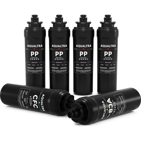 Kit de 6 filtres 4 PP + 1 CFC + 1 ACB-ALKA pour système de filtration d'eau sous évier USF-3B-10 / USF-3F-10, pack de 6 filtres : 4 PP + 1 CFC + 1 ACB-ALKA (1/5)
