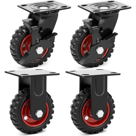4 Heavy Load Castors 125 mm for Outdoor - 2 Swivel with Brake and 2 Fixed - 500kg Solid Rubber Wheels for Garden Furniture and Heavy Equipment (1/5)