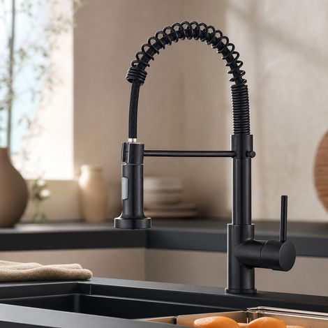 Robinet de cuisine à ressort extensible pivotant 360° mitigeur eau chaude froide double jet douchette bulles noir avec flexibles (1/5)