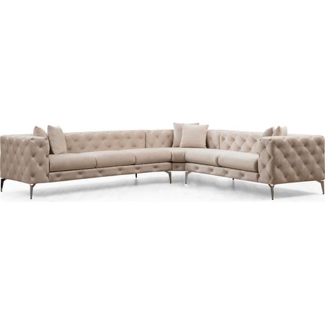 Les Tendances – Canapé d'angle gauche 270cm velours beige clair capitonné – Pieds chromés – Confort optimal pour salons et salles familiales (1/5)